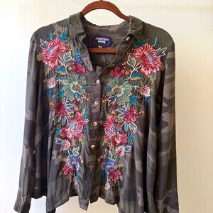 Silk Johnny Was Camo Button down Blouse with Embroidery